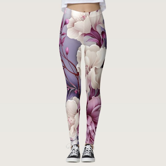 Leggings Patrón de orquídeas blancas y violetas (Anverso)