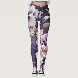 Leggings Patrón de orquídeas - blanco violeta y oro