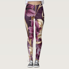 Leggings Patrón de orquídeas de oro violeta