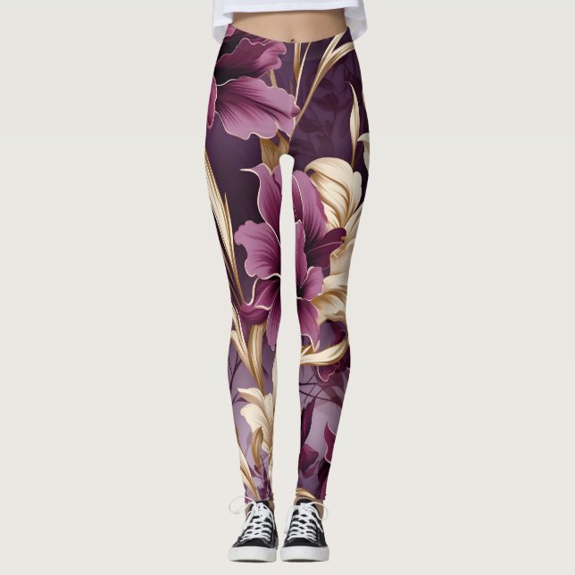 Leggings Patrón de orquídeas de oro violeta (Anverso)