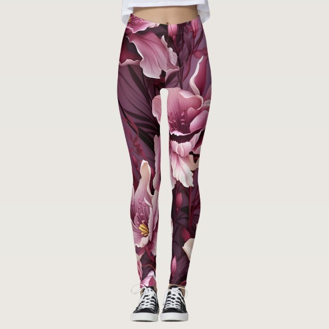 Leggings Patrón de orquídeas rosadas oscuras (Anverso)