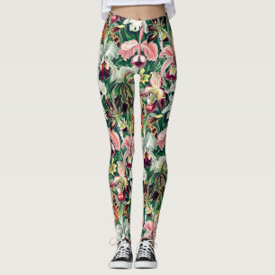 Leggings Patrón de orquídeas verdes amarillas blancas