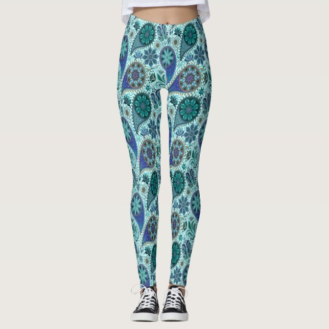 Leggings Patrón de paisley ornamentado azul (Anverso)