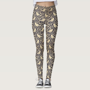 Leggings Patrón de pájaro beige vintage sobre fondo oscuro