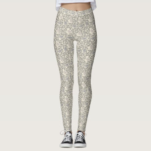 Leggings Patrón de pájaro gris y marfil
