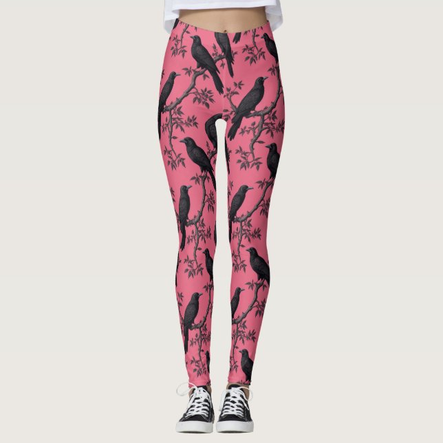 Leggings Patrón de pájaros de ravinas rosadas (Anverso)
