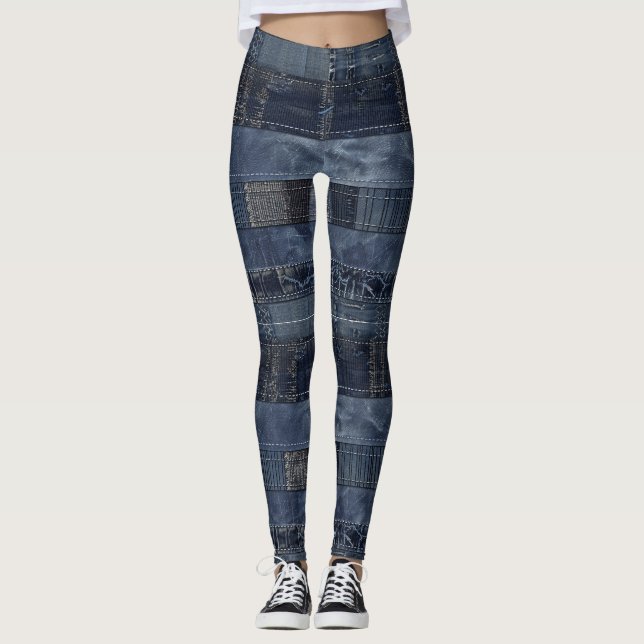 Leggings Patrón de parches de mezclilla índigo rústico (Anverso)