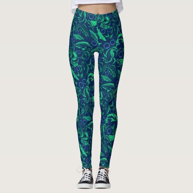 Leggings Patrón de peces verdes 10.w D Fondo azul (Anverso)