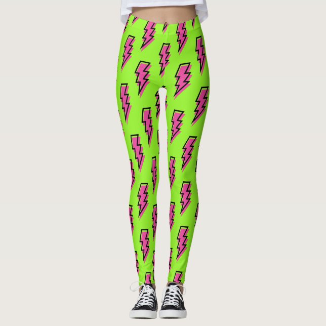 Leggings Patrón de pernos de luz verde neón y rosa de los a (Anverso)