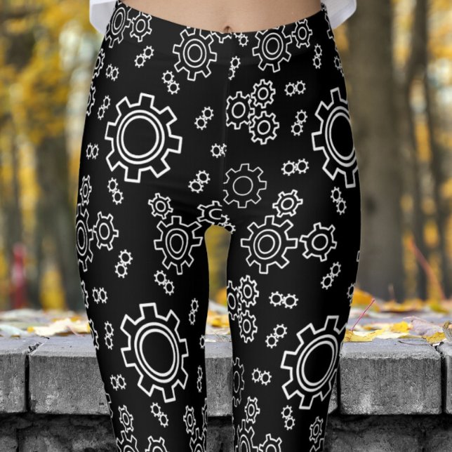 Leggings Patrón de perros negros frescos (Cogs on Black Leggings)