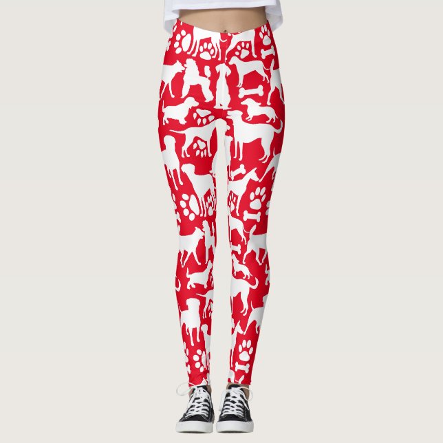 Leggings Patrón de perros y patas 02.b Red BG (Anverso)