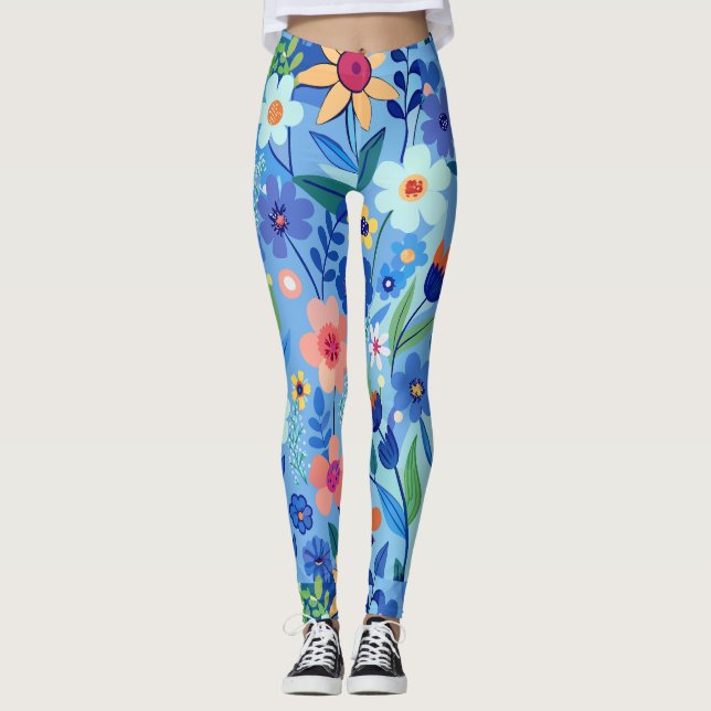 Leggings Patrón de Personalizado de Pastel Floral de Blue M (Anverso)