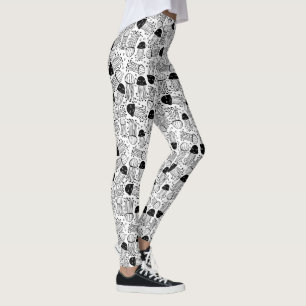 Leggings Patrón de pez gelatina de doodle blanco y negro