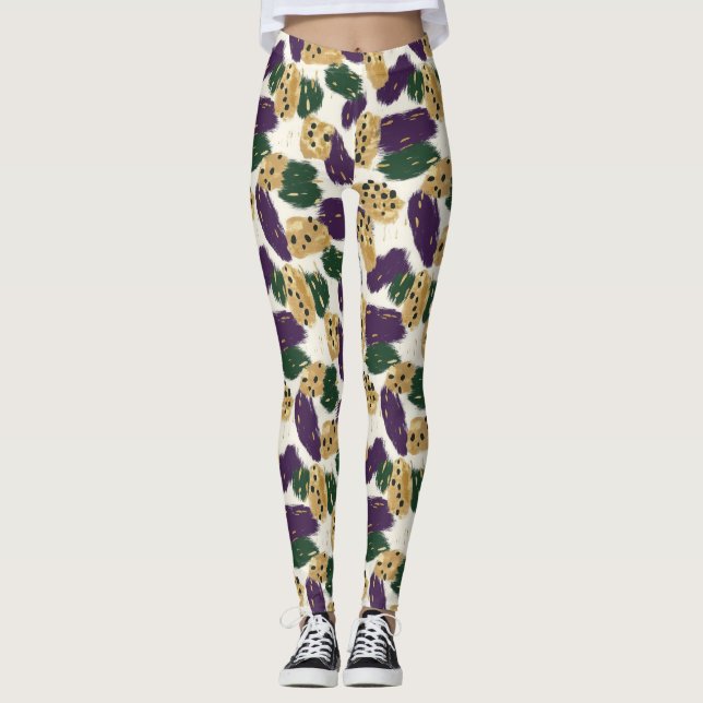 Leggings Patrón de pinceles de oro morado verde (Anverso)