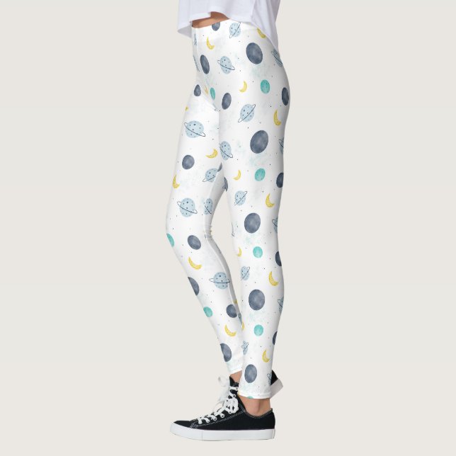 Leggings Patrón de plano de espacio azul acuarela (Izquierda)