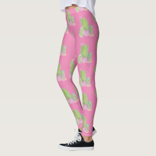 Leggings Patrón de planta de cactus en maceta acuarela rosa