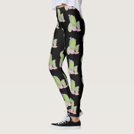 Leggings Patrón de planta de maceta de cactus acuarela negr