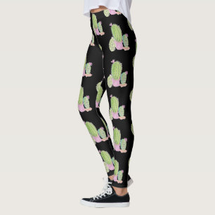 Leggings Patrón de planta de maceta de cactus acuarela negr