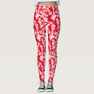 Leggings Patrón De Planta Repetida De Color Rojo Y Blanco