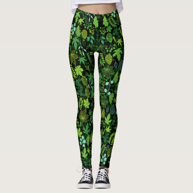 Leggings Patrón de plantas.14b Negro BG (Anverso)