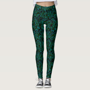 Leggings Patrón de plantas.14D Floral verde Negro BG