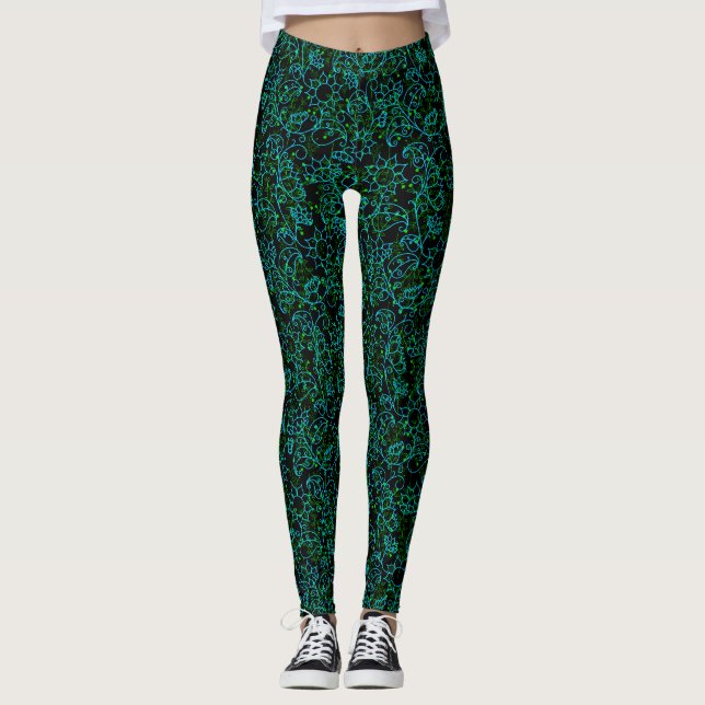 Leggings Patrón de plantas.14D Floral verde Negro BG (Anverso)