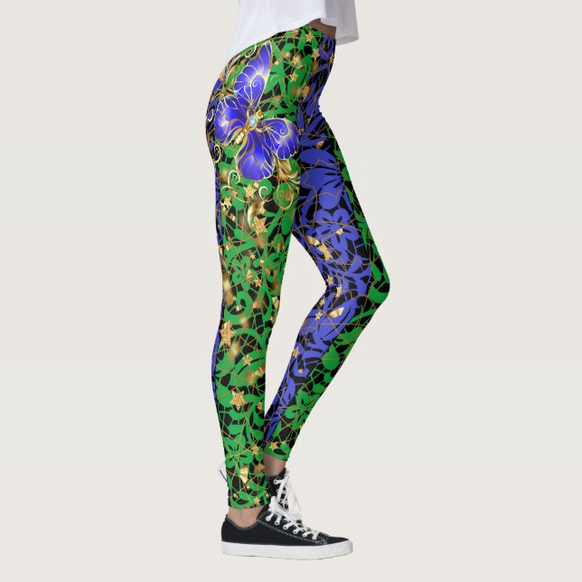 Leggings Patrón de plantas A06.b w Blk de mariposa BG (Derecha)