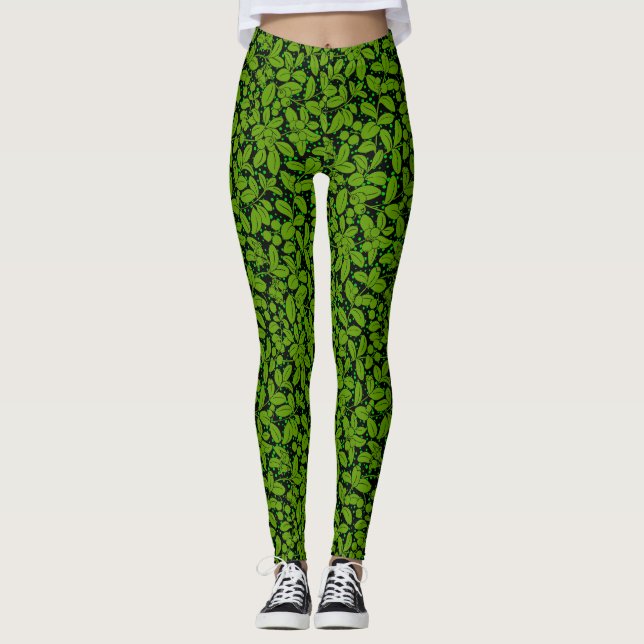Leggings Patrón de plantas A09.b Negro BG (Anverso)