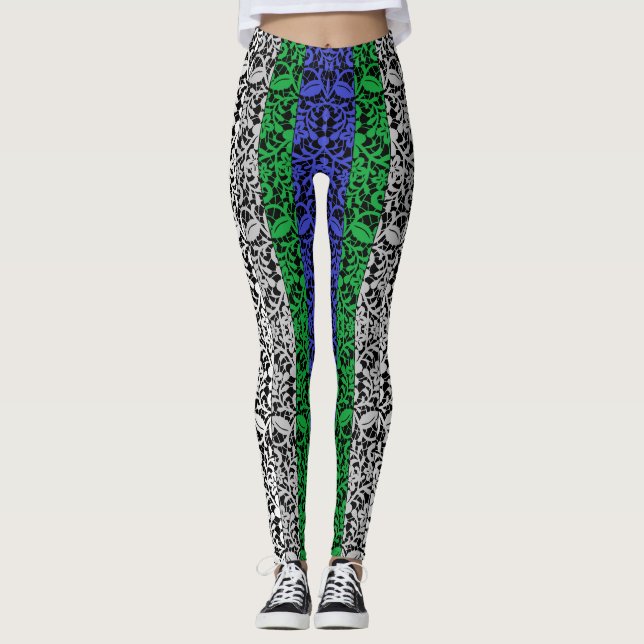 Leggings Patrón de plantas Azul y Verde A07.b Negro BG (Anverso)