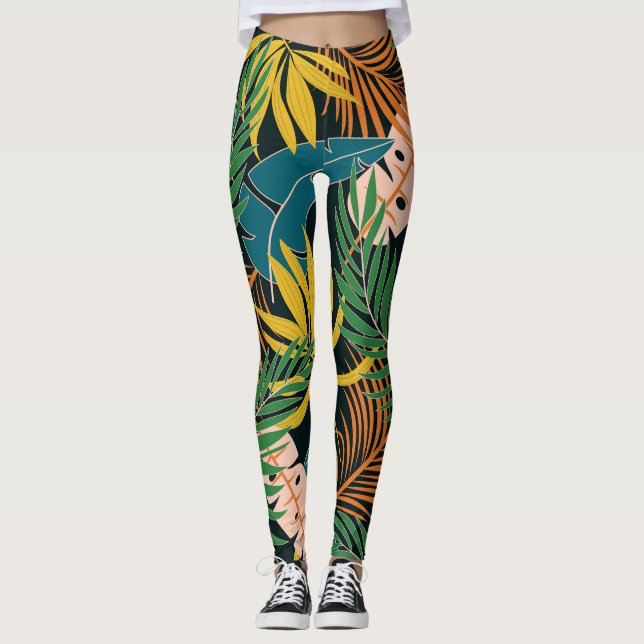 Leggings Patrón de plantas brillantes tropicales de verano (Anverso)