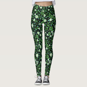 Leggings Patrón de plantas de floración retro-verdes.b