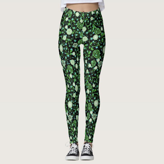 Leggings Patrón de plantas de floración retro-verdes.b (Anverso)