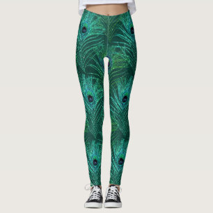 Leggings patrón de pluma de pavo real verde del ave pavo re