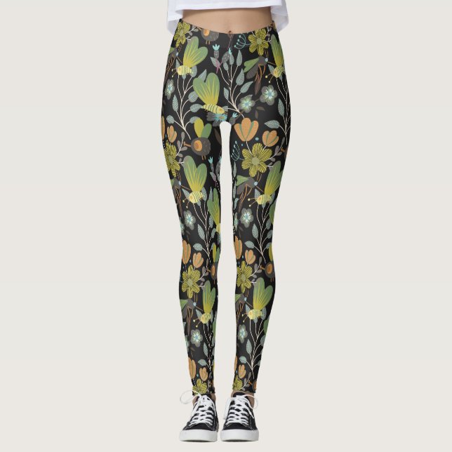 Leggings Patrón de primavera oscura (Anverso)