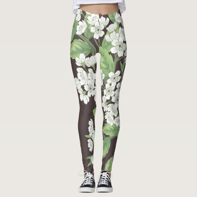Leggings Patrón de primavera, ramas verdes sin fisuras. (Anverso)