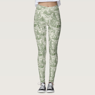 Leggings Patrón de Pueblo Navideño Vintage Toile Verde