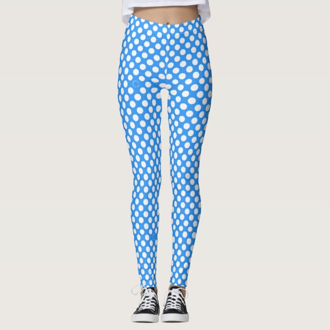 Leggings Patrón de puntos de polka blanco en aqua Azul (Anverso)