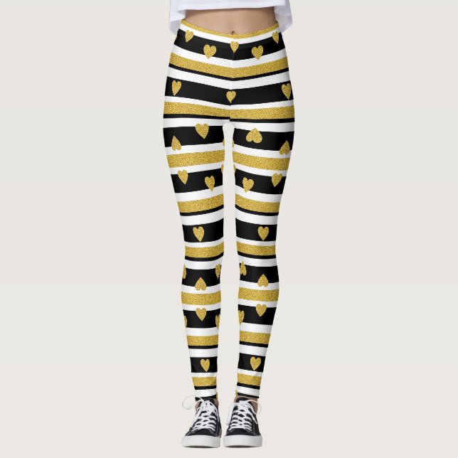 Leggings Patrón de raya de corazones de oro de lujo (Anverso)