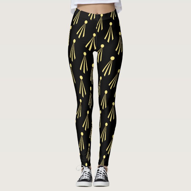 Leggings Patrón de Rayos de Sol Amarillos sobre Negro (Anverso)