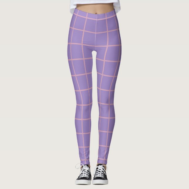 Leggings Patrón de rejilla simple rosa y púrpura de lavanda (Anverso)