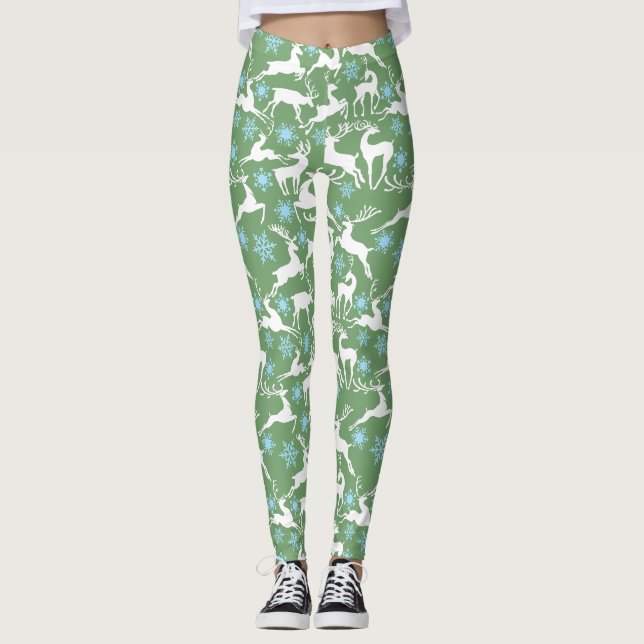 Leggings Patrón de renos de Navidad, blanco 02 L fondo verd (Anverso)