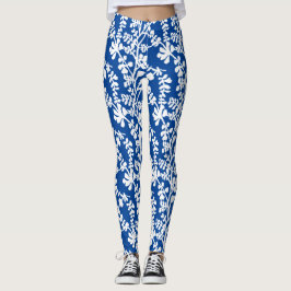 Leggings Patrón De Repetición Floral Azul Y Blanco