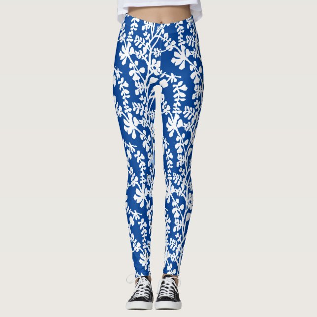Leggings Patrón De Repetición Floral Azul Y Blanco (Anverso)