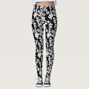 Leggings Patrón De Repetición Floral Blanco Y Negro
