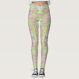 Leggings Patrón de resumen trippy retro rosa y verde limón
