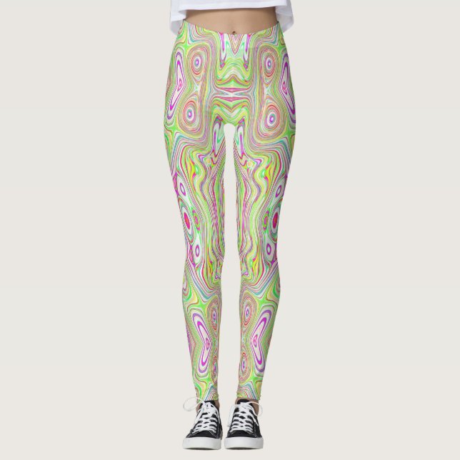 Leggings Patrón de resumen trippy retro rosa y verde limón (Anverso)