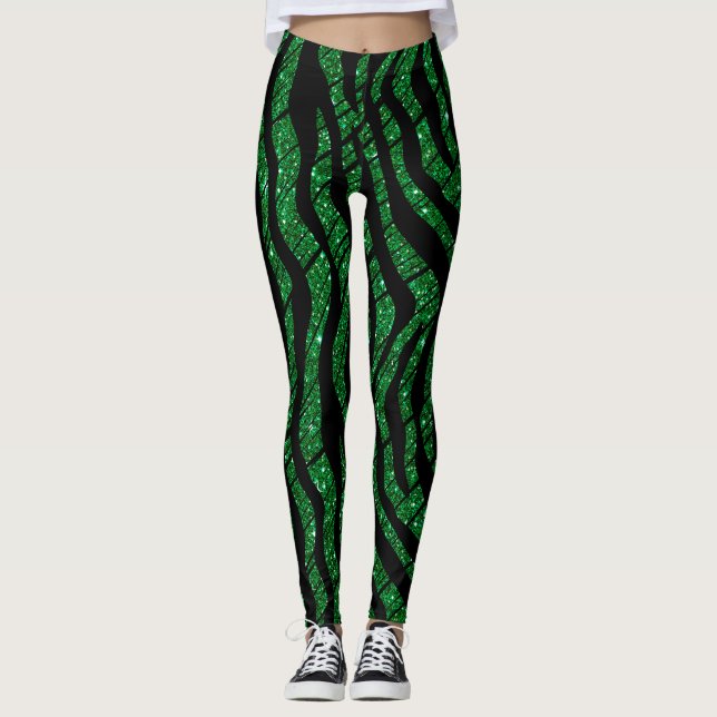 Leggings Patrón de resumen verde y negro brillante (Anverso)