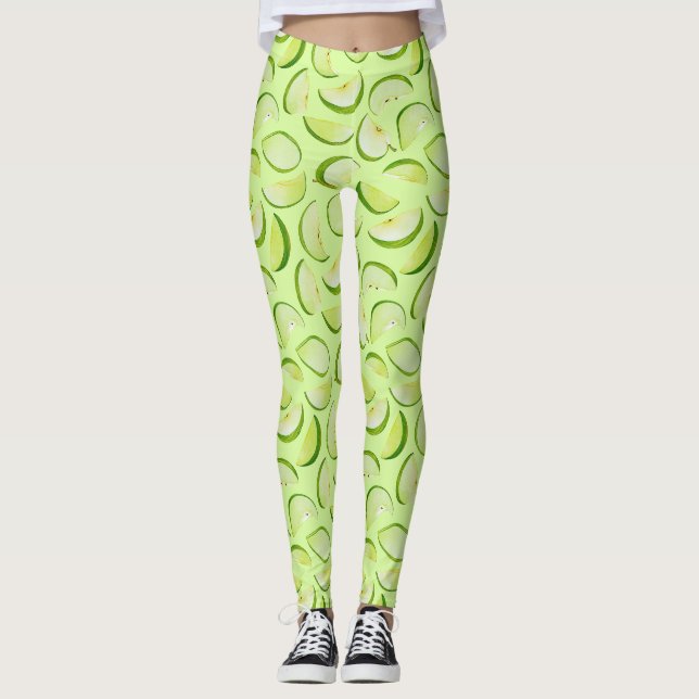 Leggings Patrón de rodajas de manzana verde (Anverso)