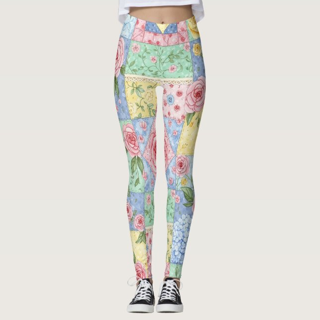 Leggings Patrón de rosa de colcha vintage (Anverso)