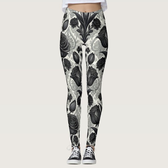 Leggings Patrón de rosa gótica oscura (2) (Anverso)